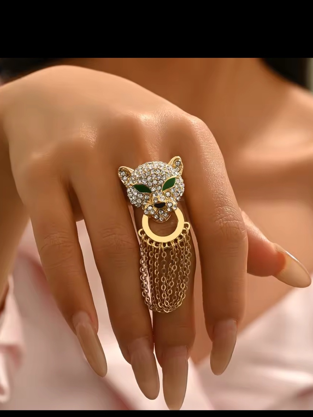 Gold Leopard Head Chain Fringe Statement Ring - Green Eyes